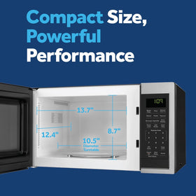 GE Countertop Microwave oven stainless steel front adds modern kitchen appeal and easy cleaning