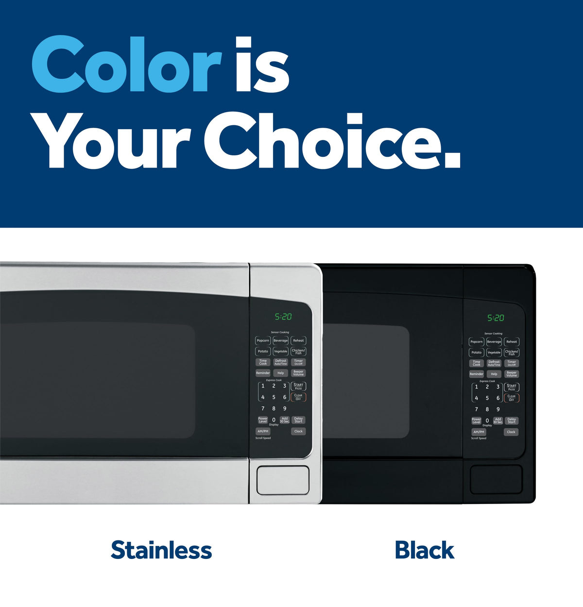 GE countertop microwave safety lock indicator highlights child-lock feature for family use.