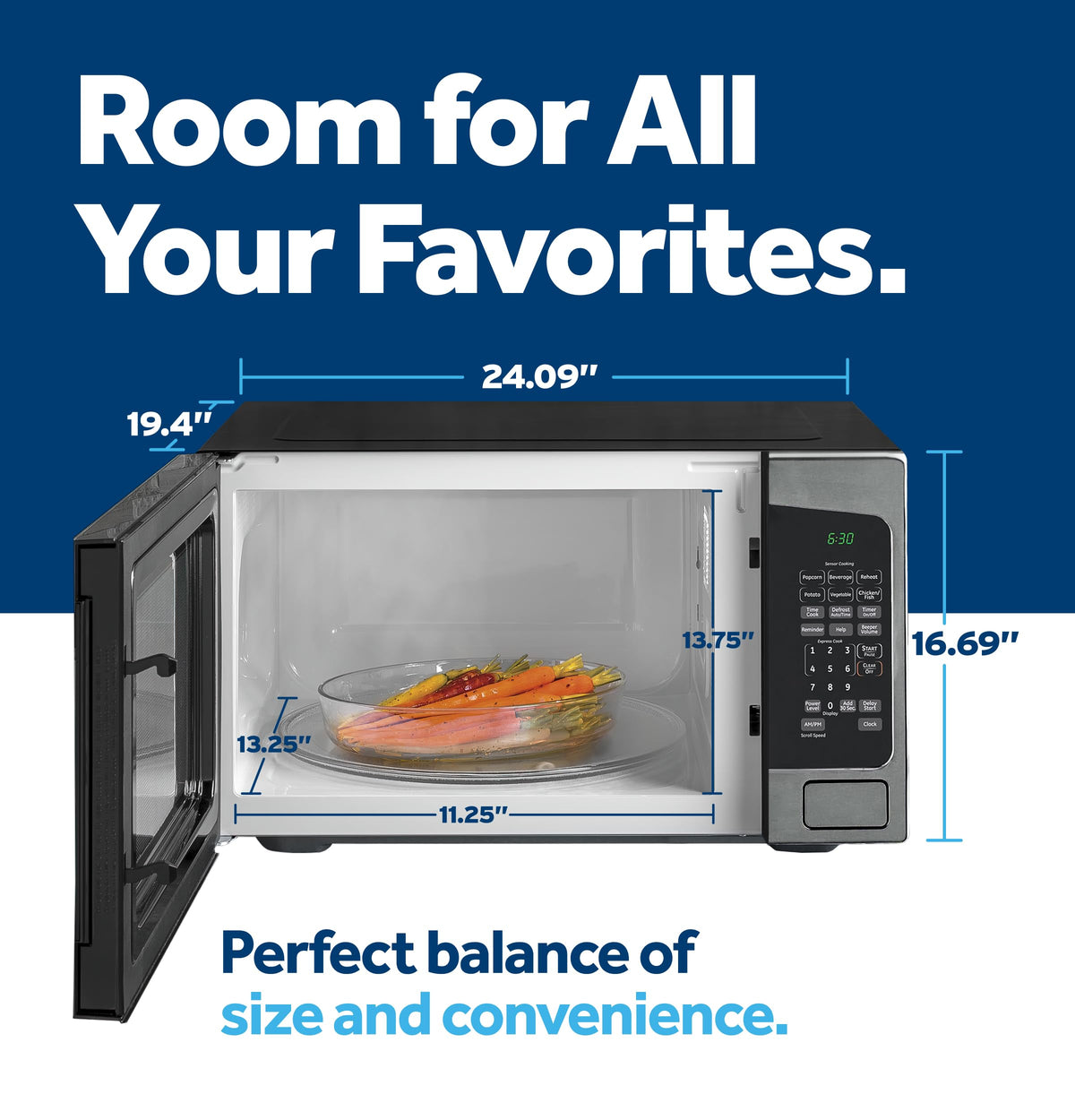 GE countertop microwave turntable inside demonstrates even heating for leftovers.