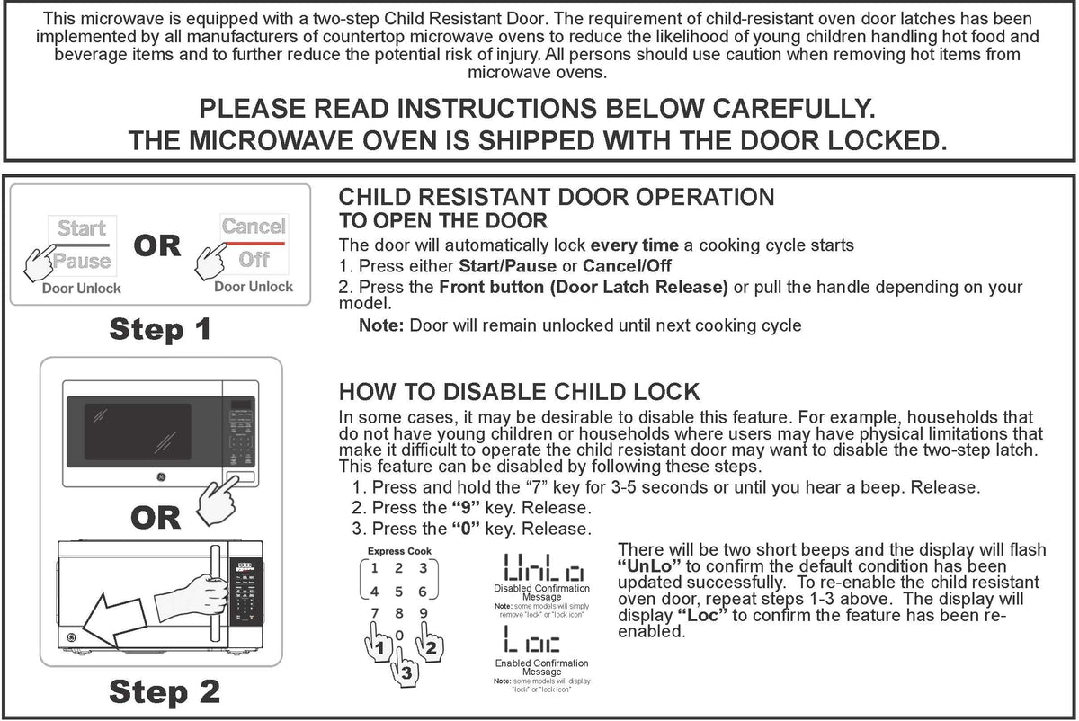 GE countertop microwave two-step child lock for safer use
