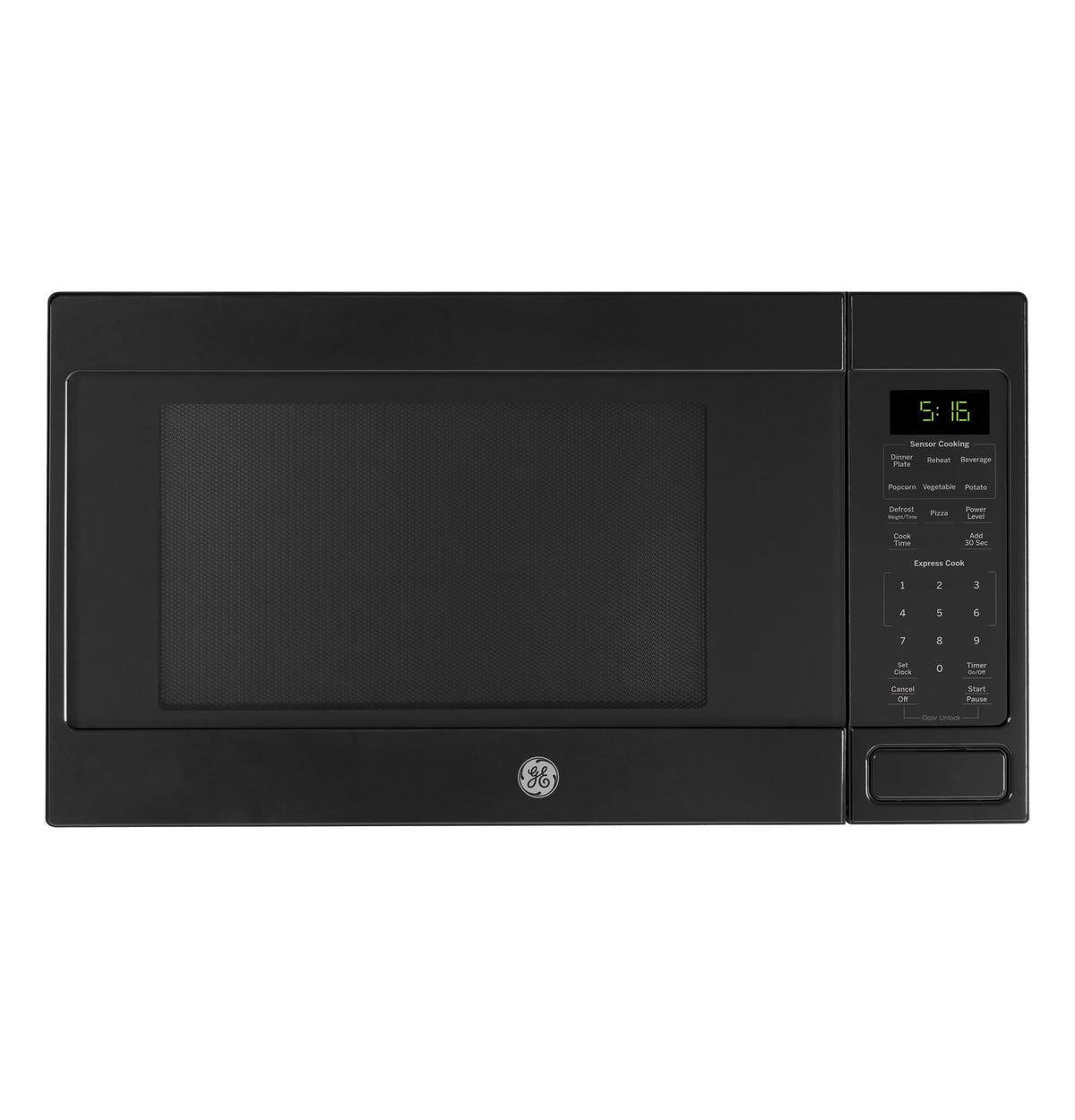 GE GCST16S1WBB microwave front view, space-saving countertop design