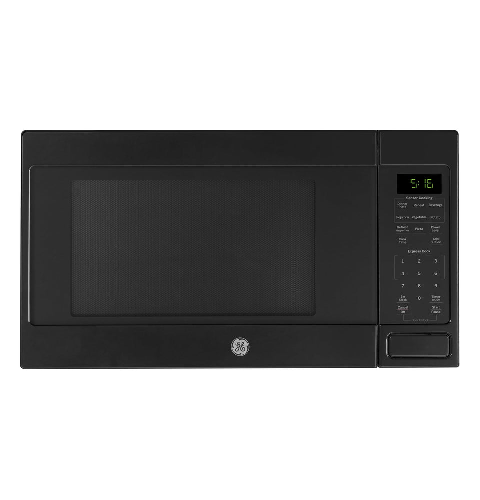 GE GCST16S1WBB microwave front view, space-saving countertop design