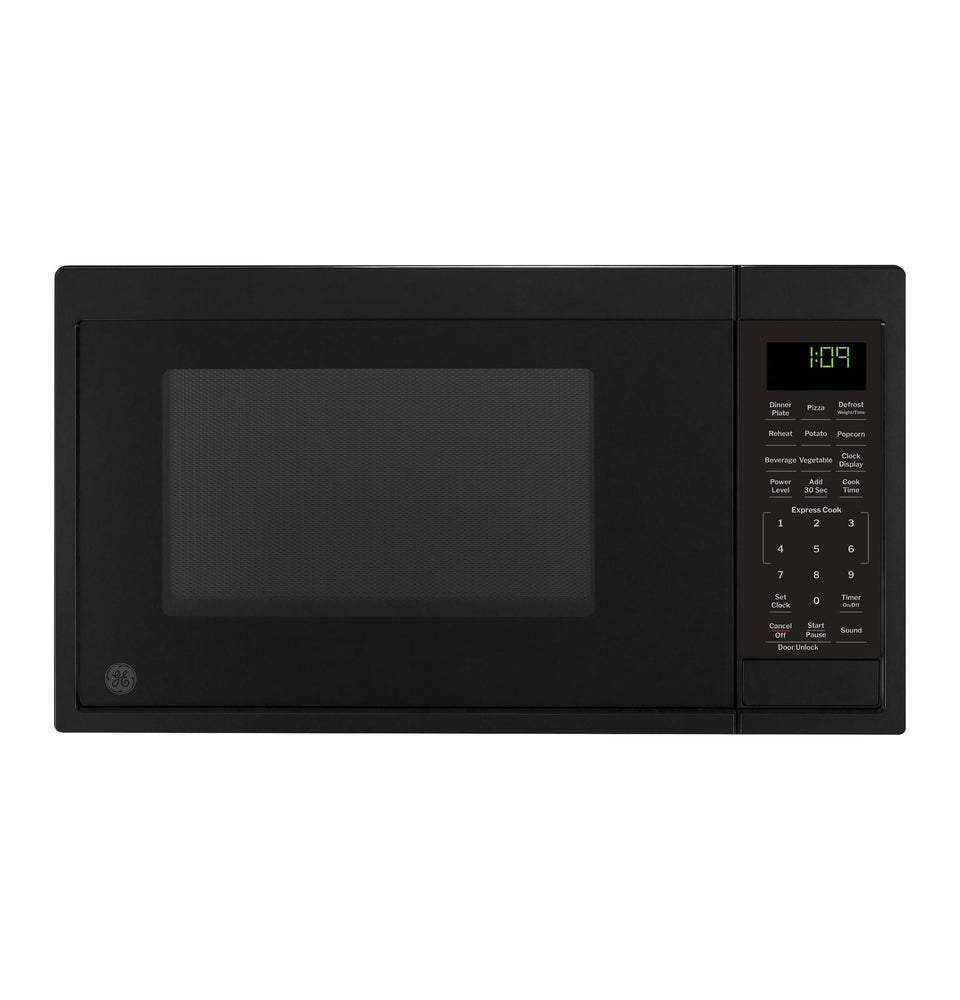 GE microwave compact 0.9 cu ft front view highlights space-saving design for small kitchens