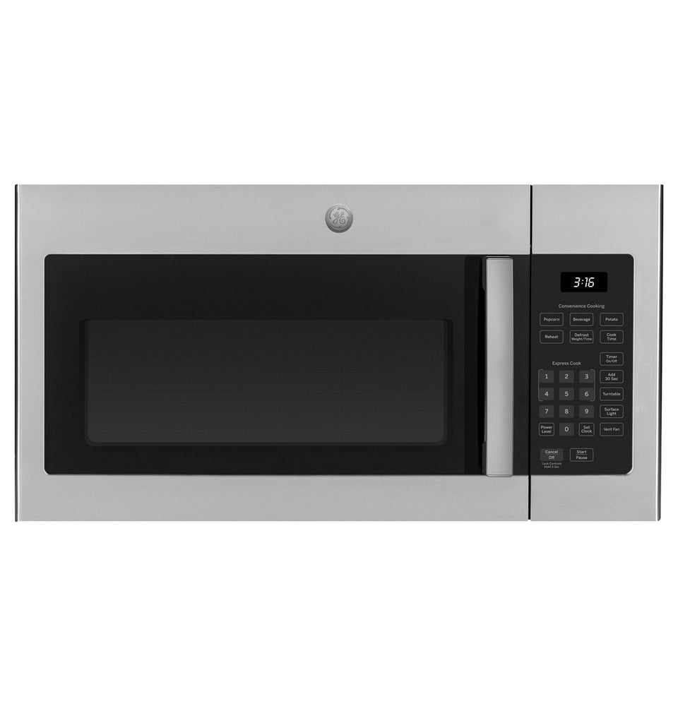 GE JVM3160RFSS front view: space-saving over-the-range design for small kitchens.