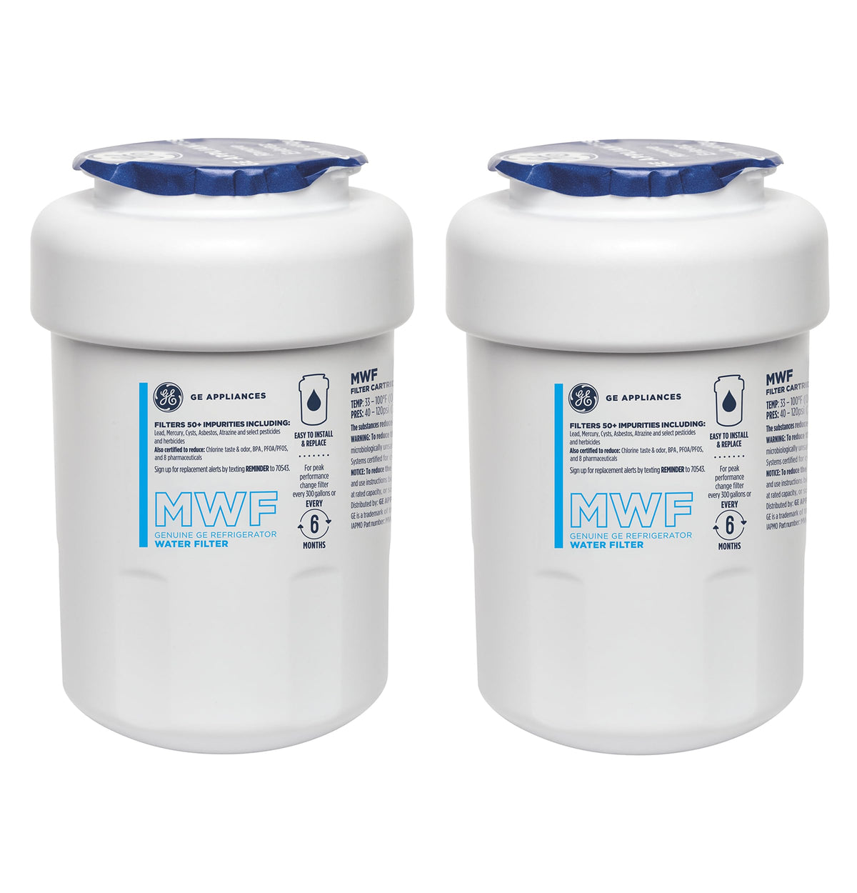 GE MWF filter pack-2 box front shows authentic replacement for reliable filtration.
