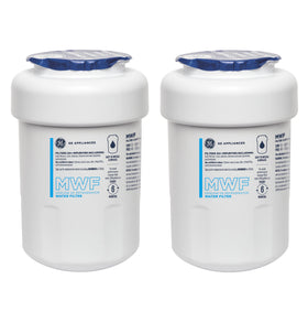 GE MWF filter pack-2 box front shows authentic replacement for reliable filtration.