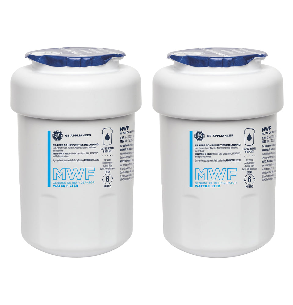 GE MWF filter pack-2 box front shows authentic replacement for reliable filtration.