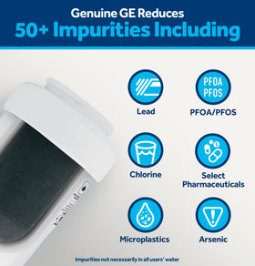 GE MWF filter pack-2 label closeup highlights genuine certification and fit.