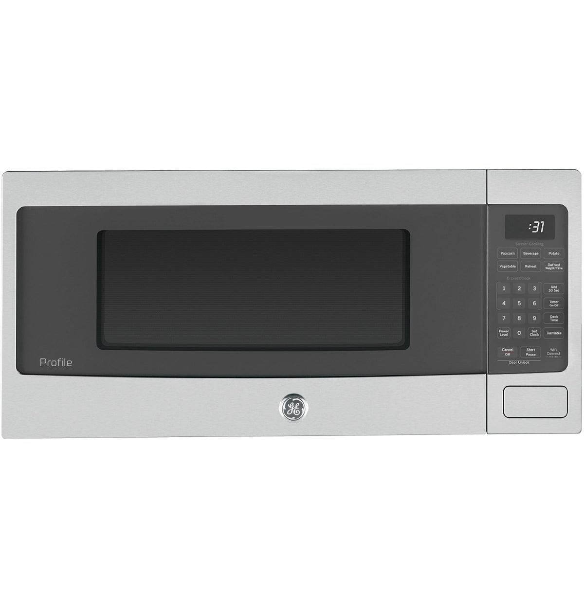 GE Profile PCHK11S1WSS front view shows compact, powerful 800W microwave for quick meals