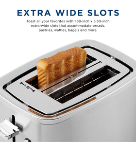 GE toaster with removable crumb tray for easy cleaning.