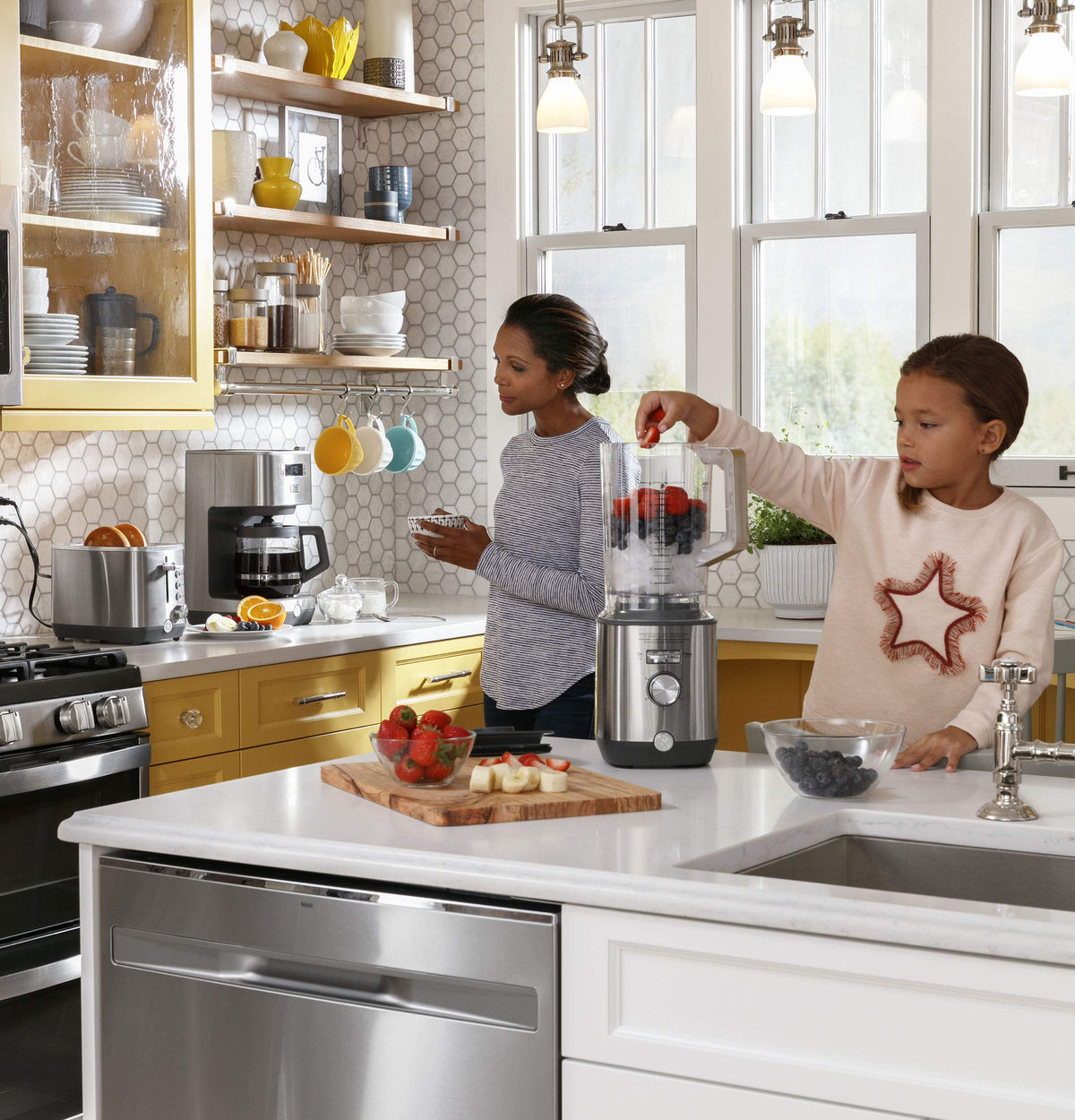 GE stainless steel toaster on a modern countertop.