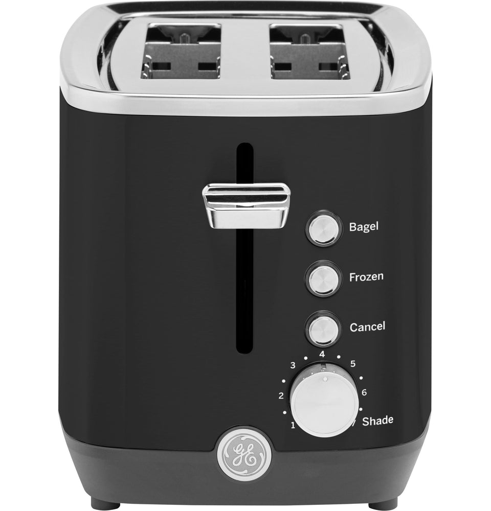 GE 2-slice black stainless toaster, front view, compact counter essential