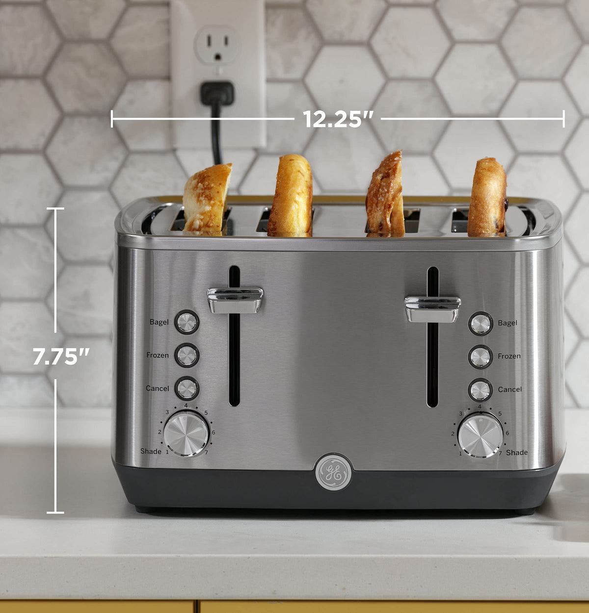 GE toaster displaying 7 shade settings for browning control