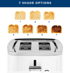 GE 2 Slice Toaster displaying seven shade settings for browning control