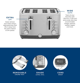 GE toaster with removable crumb tray for easy cleaning