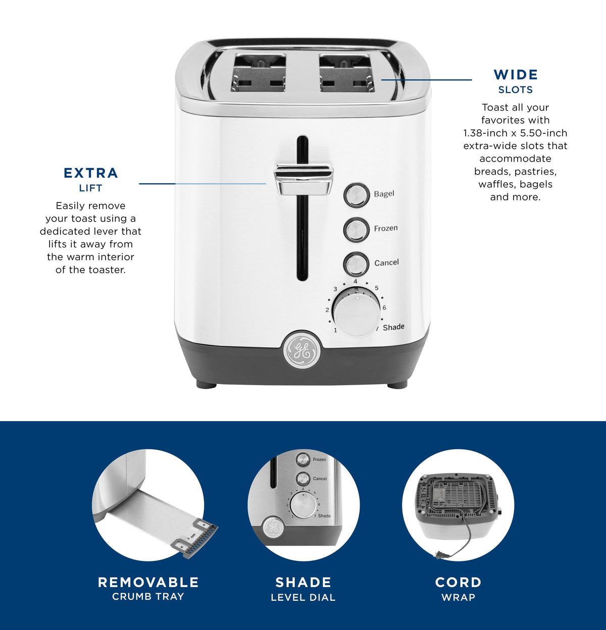 GE toaster featuring removable crumb tray for easy cleanup