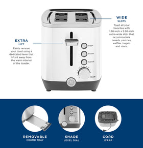 GE toaster featuring removable crumb tray for easy cleanup