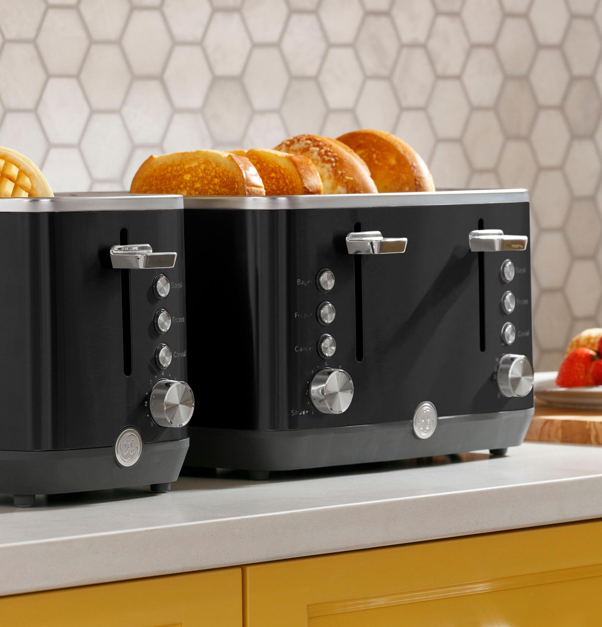 GE toaster showing 7 shade settings for customizable browning