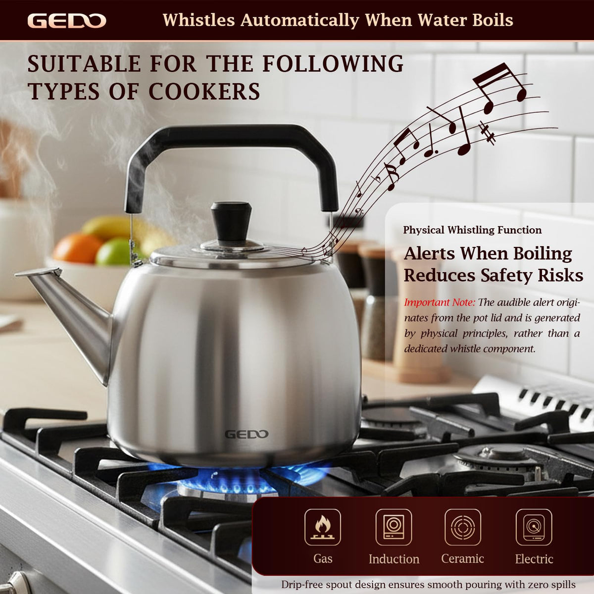 GEDO kettle on induction-compatible base offers versatile kitchen compatibility.