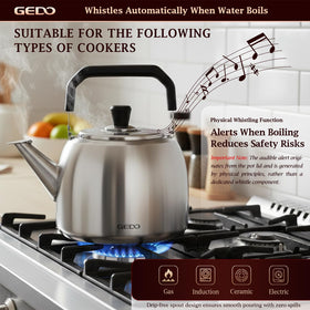 GEDO kettle on induction-compatible base offers versatile kitchen compatibility.