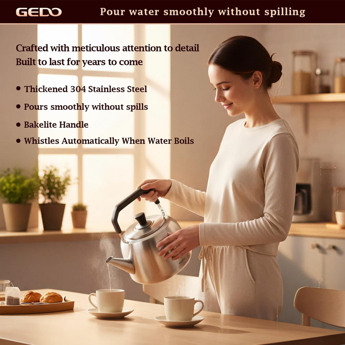 GEDO whistling kettle spout pours smoothly with no-drip performance.
