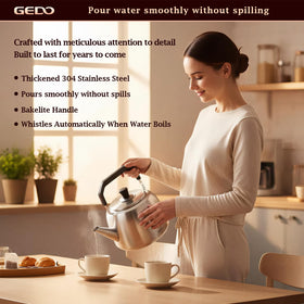 GEDO whistling kettle spout pours smoothly with no-drip performance.