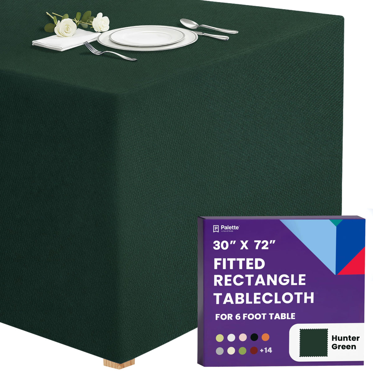 Gee Di Moda fitted tablecloth on a 6-foot table in hunter green for a polished look.