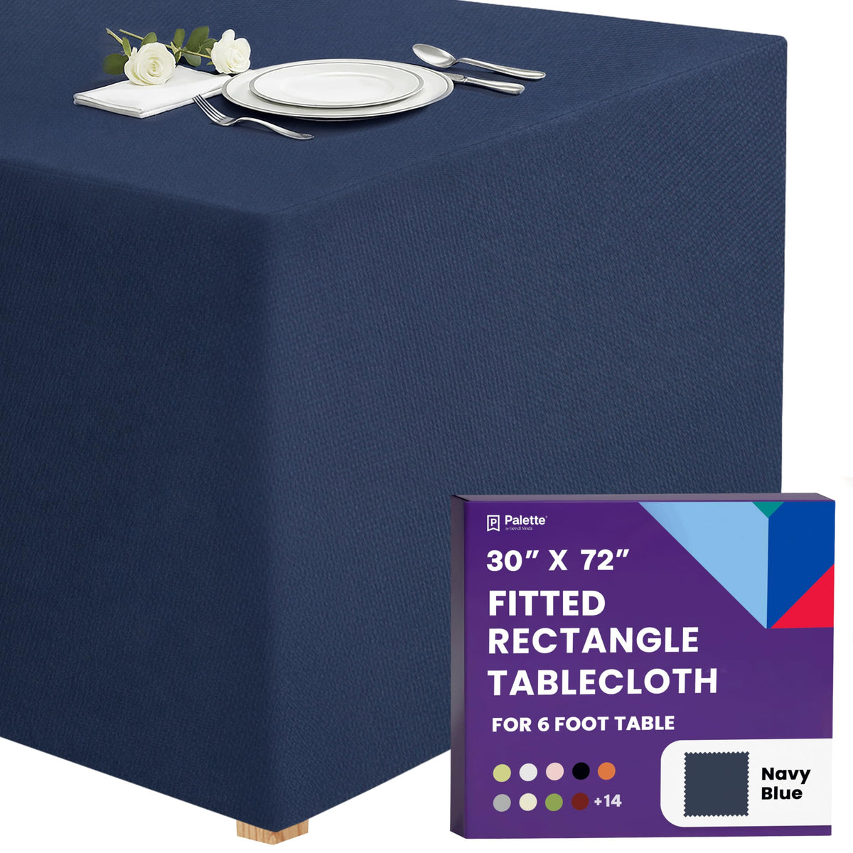 Gee Di Moda fitted tablecloth on a 6-foot table in navy blue for a polished setup.