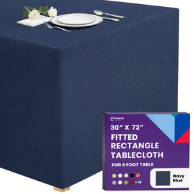 Gee Di Moda fitted tablecloth on a 6-foot table in navy blue for a polished setup.