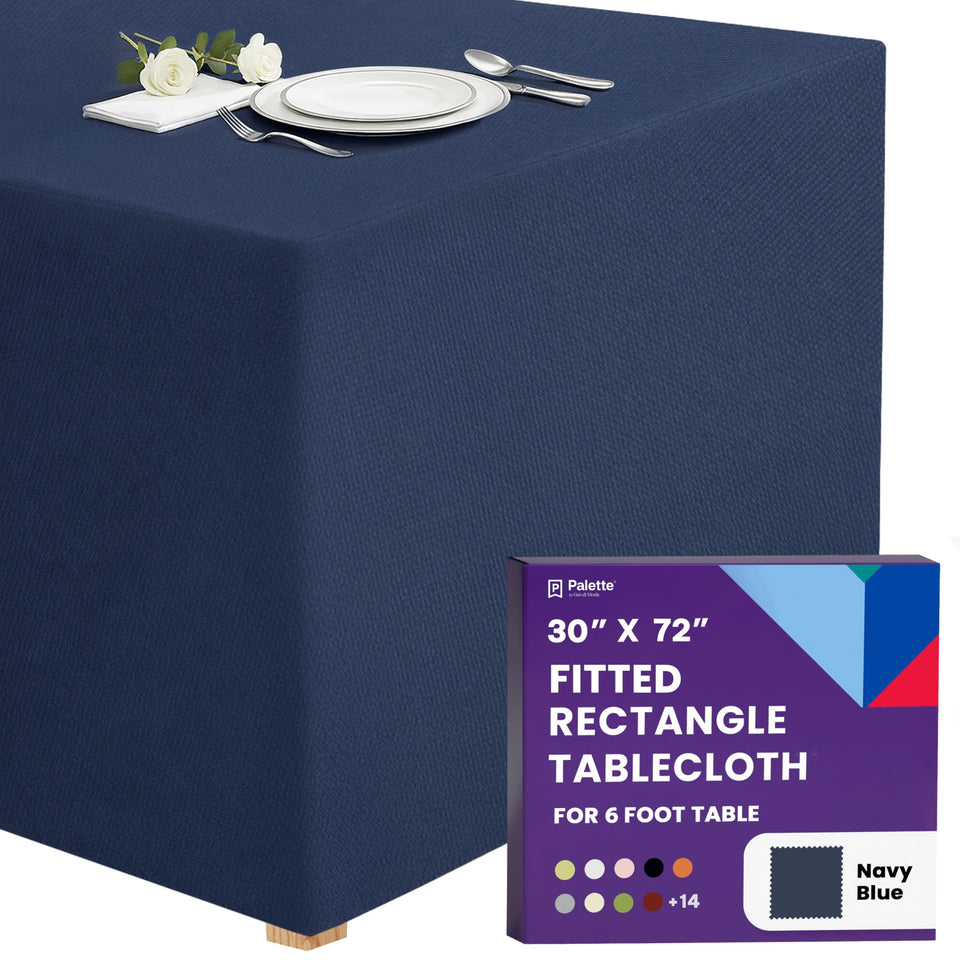 Gee Di Moda fitted tablecloth on a 6-foot table in navy blue for a polished setup.