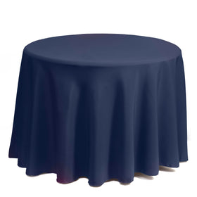 Gee Di Moda navy round tablecloth with a 15-inch drop protects tables from spills.