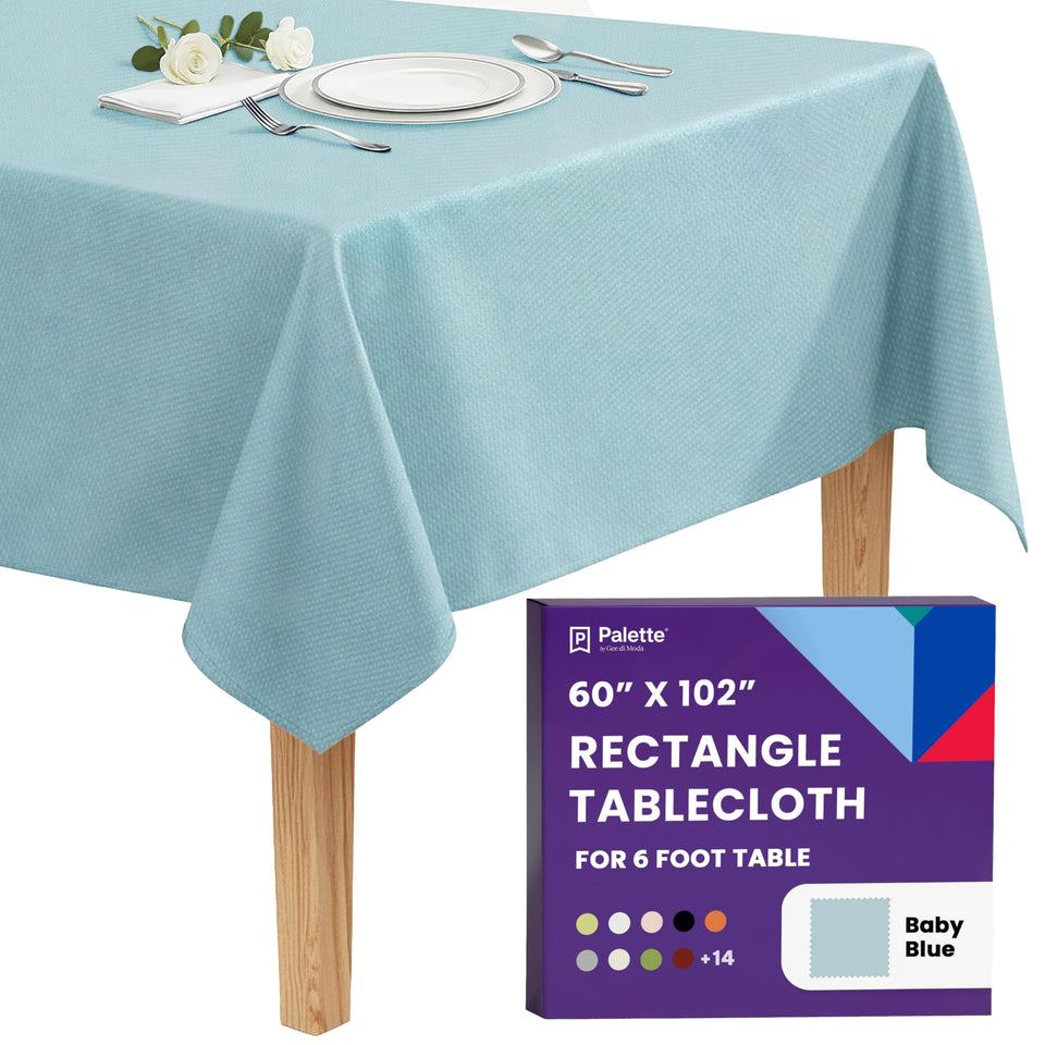 Gee Di Moda rectangle tablecloth in baby blue for 6-foot tables with a clean, elegant drop.
