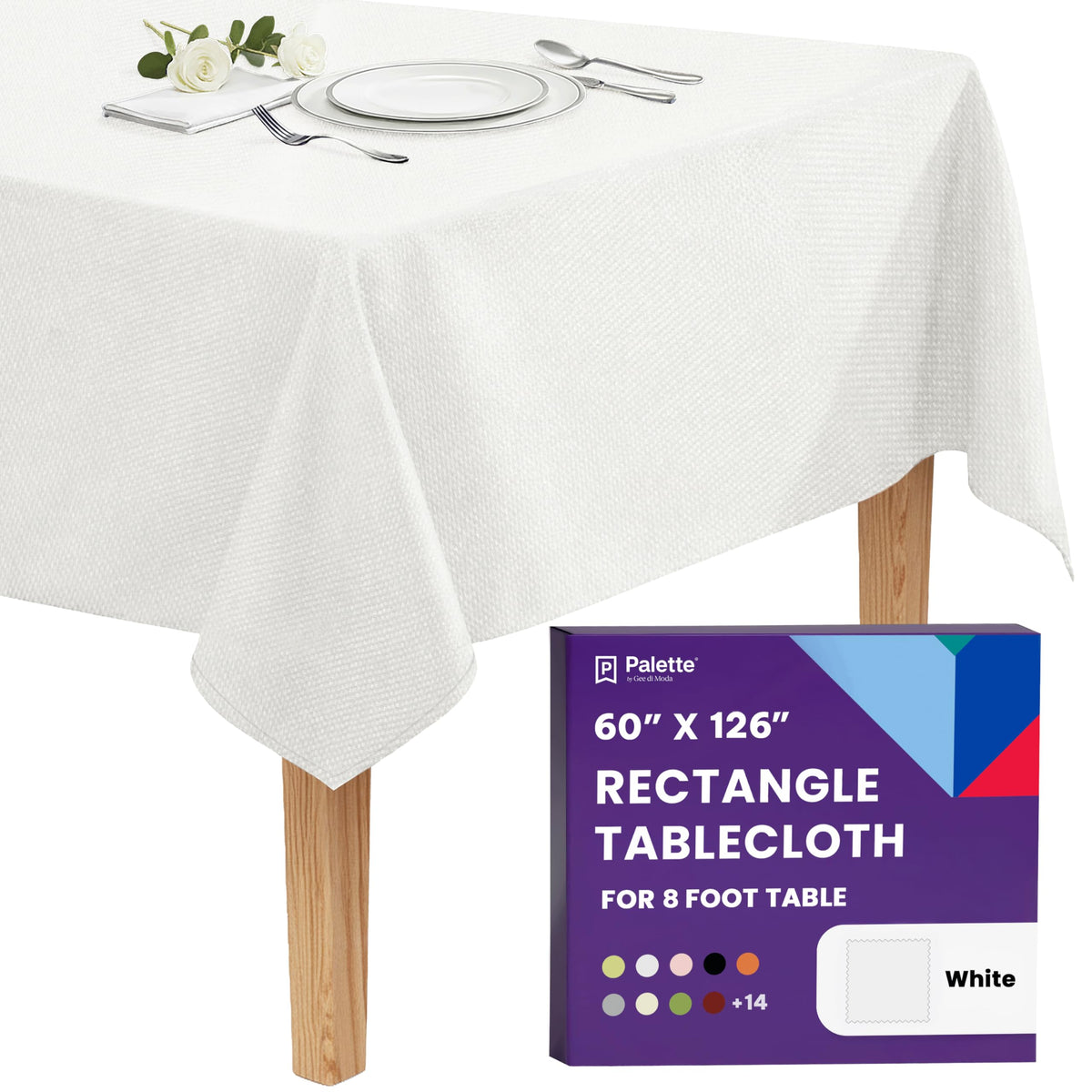 Gee Di Moda rectangle tablecloth 60x126 white for eight-foot tables, creates a clean event-ready backdrop.