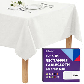 Gee Di Moda rectangle tablecloth 60x84 inches in white, ideal for formal dinners on a 5-foot table.