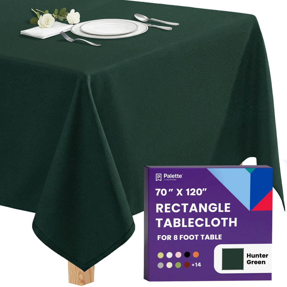 Gee Di Moda rectangle tablecloth hunter green for 6-8 ft tables, elegant dining setup.