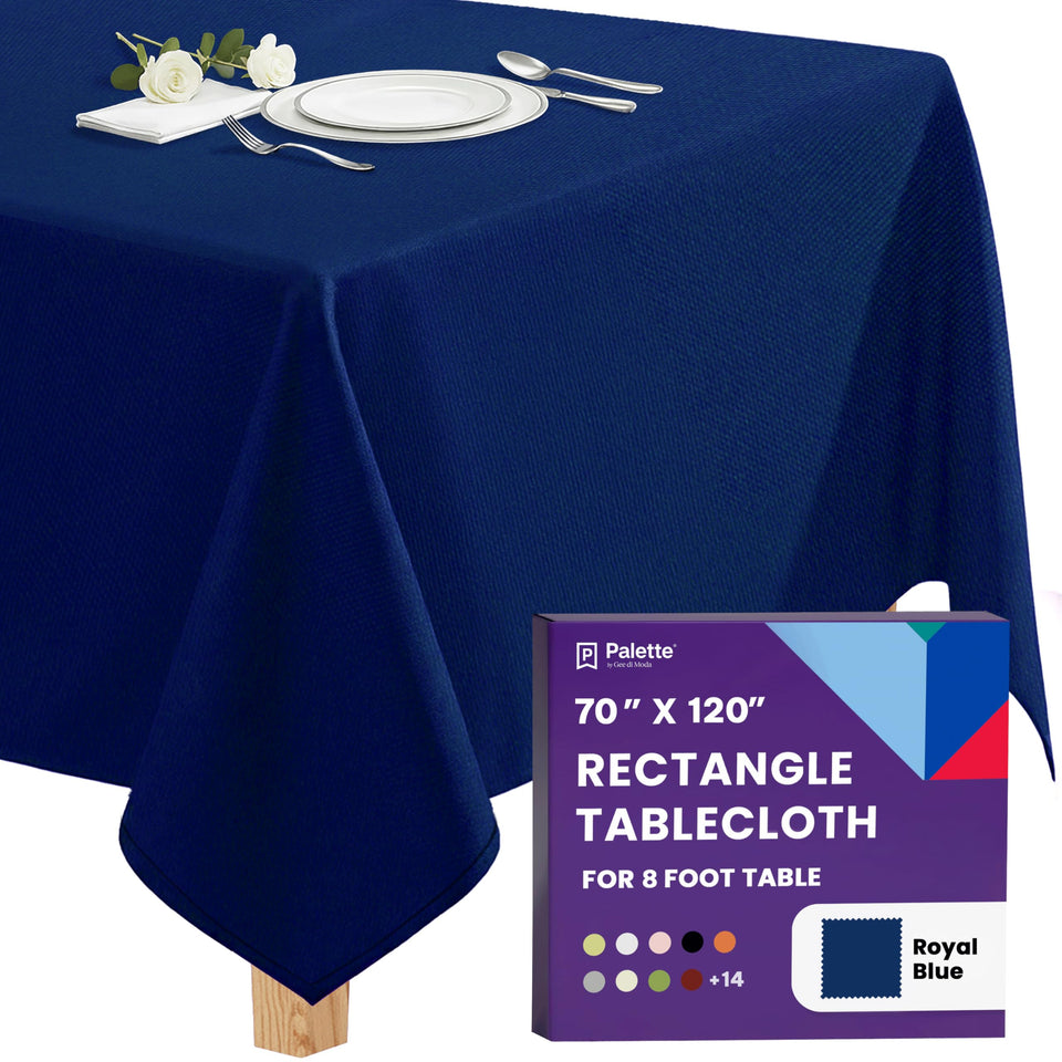 Gee Di Moda rectangle tablecloth in royal blue, durable for repeated events.
