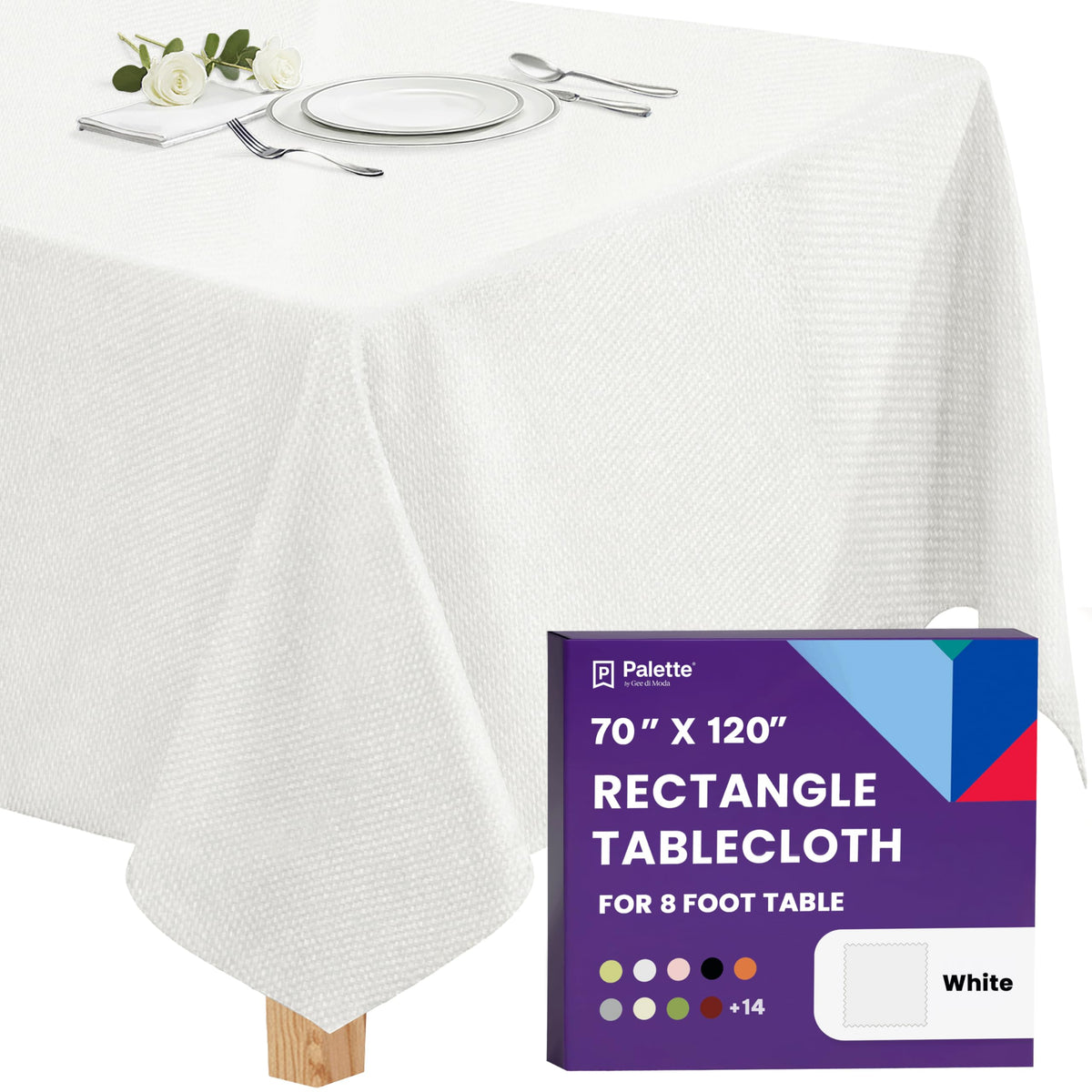 Gee Di Moda rectangle tablecloth 70x120 white for 6–8 ft tables.