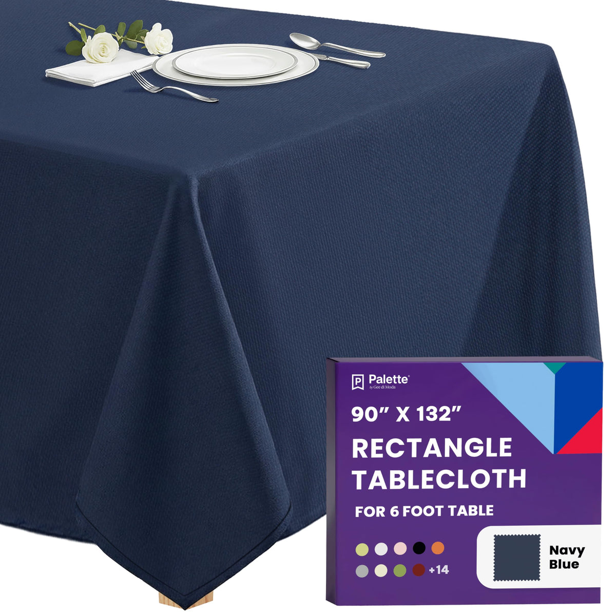 Gee Di Moda rectangle navy tablecloth covers a 6-foot table with 30-inch drop for spill protection