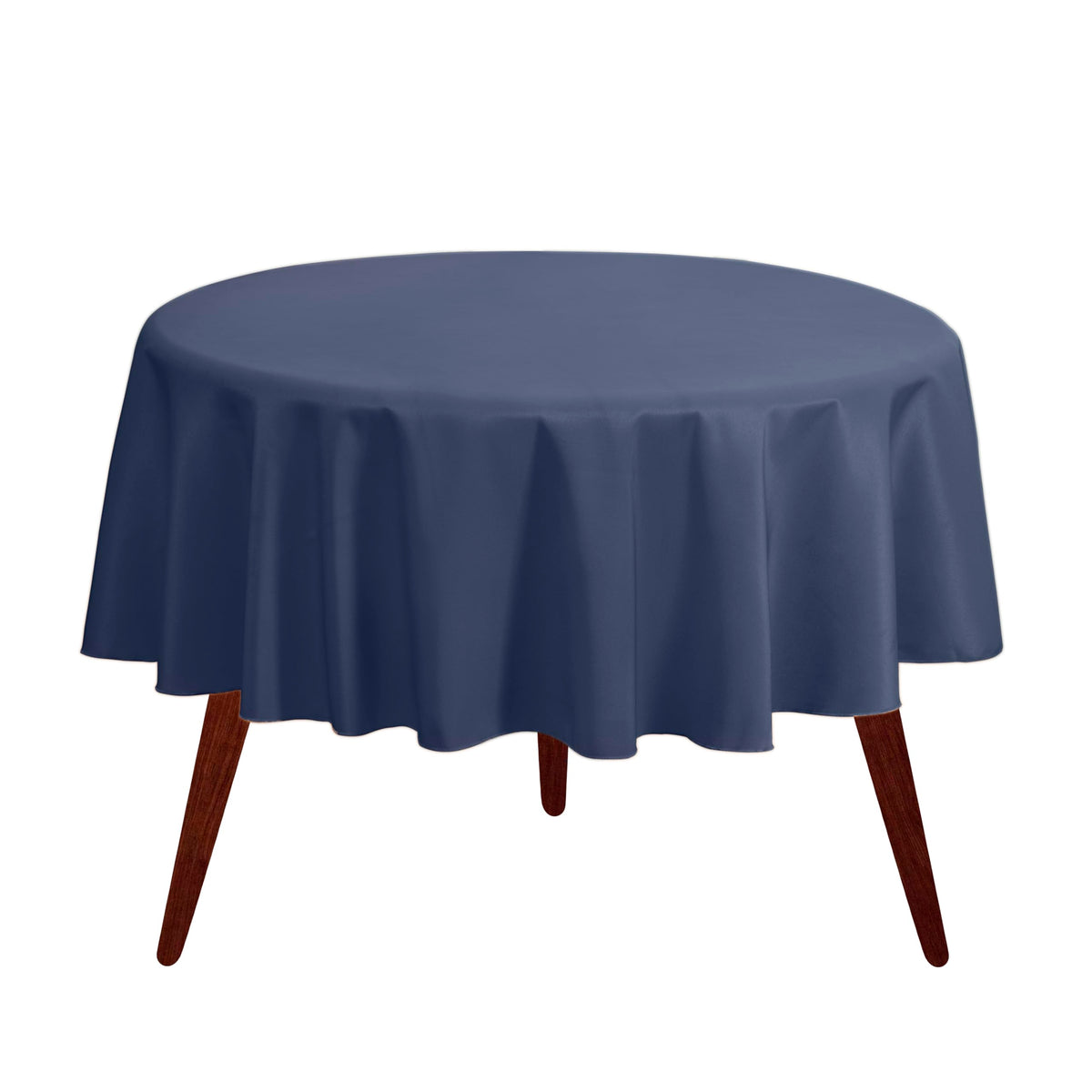 Gee Di Moda navy round tablecloth provides elegant coverage for dining tables.