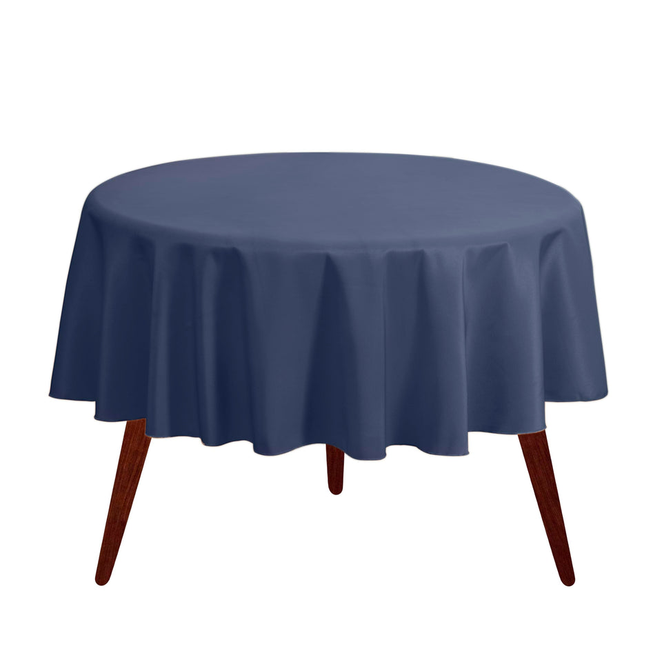 Gee Di Moda navy round tablecloth provides elegant coverage for dining tables.