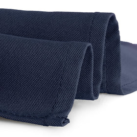 Gee Di Moda washable navy tablecloth demonstrating easy care and color retention