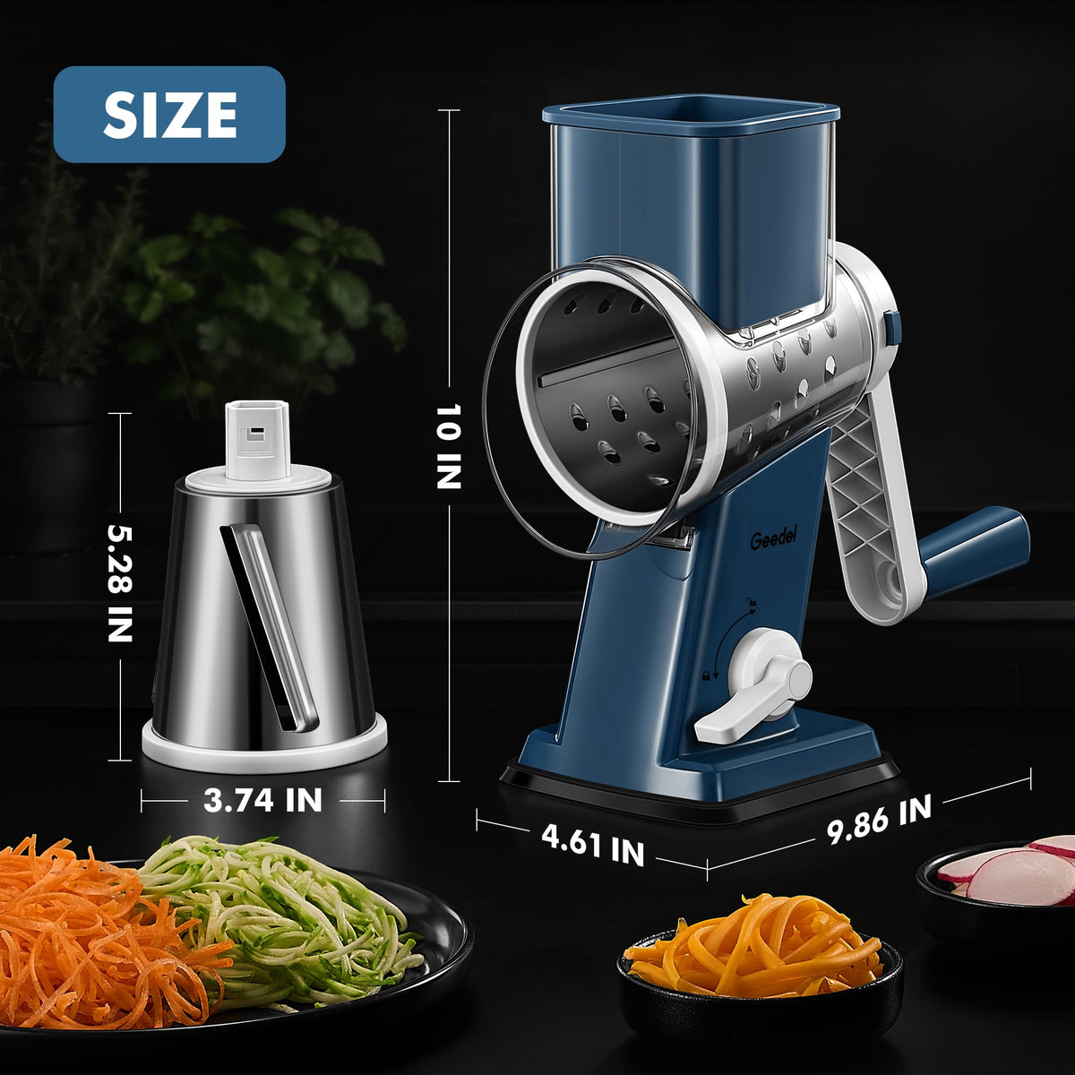 Geedel compact blade storage saves counter space between uses.