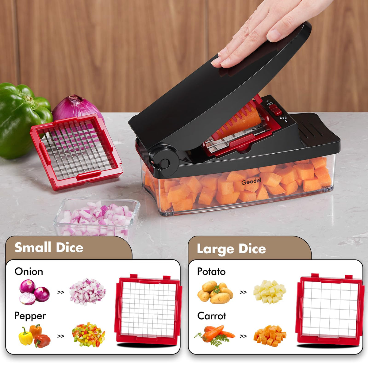 Geedel 1.2 L storage container keeps chopped ingredients organized.
