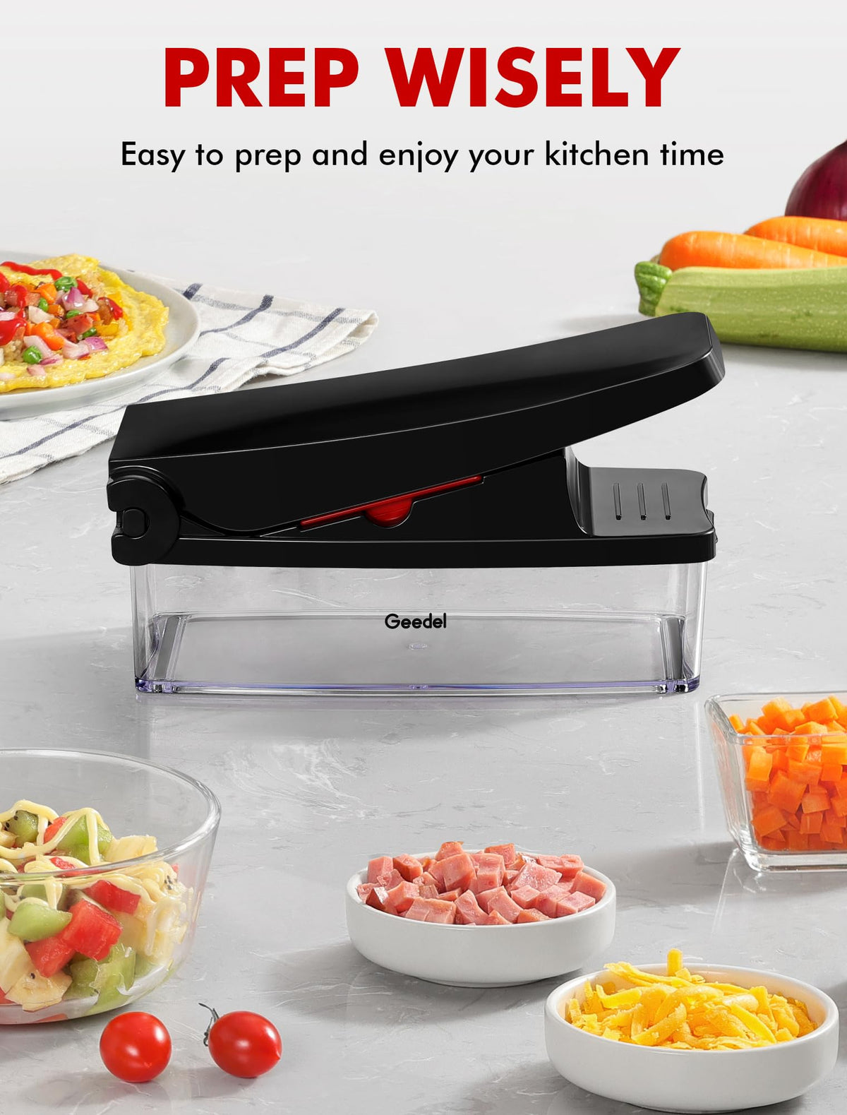 Geedel compact design saves kitchen space while preparing meals.