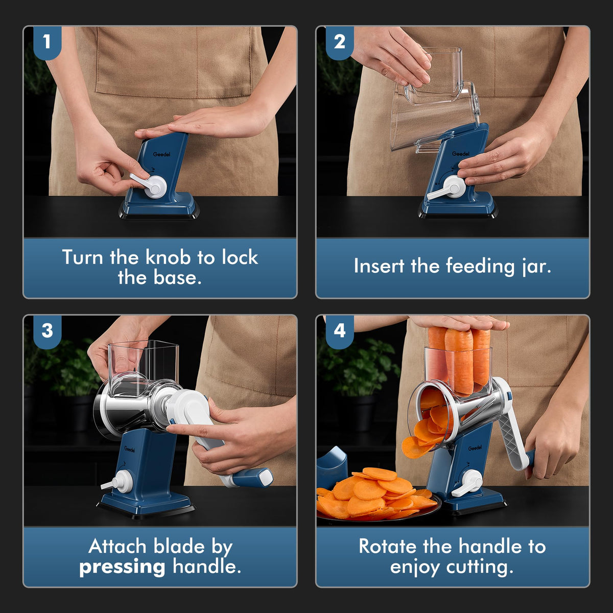Geedel fully detachable parts for quick cleaning and dishwasher top rack.