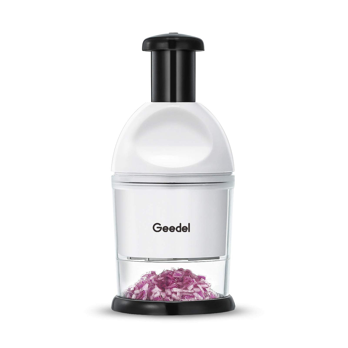 Geedel Food Chopper with dicing blades for quick veggie prep on the cutting board.