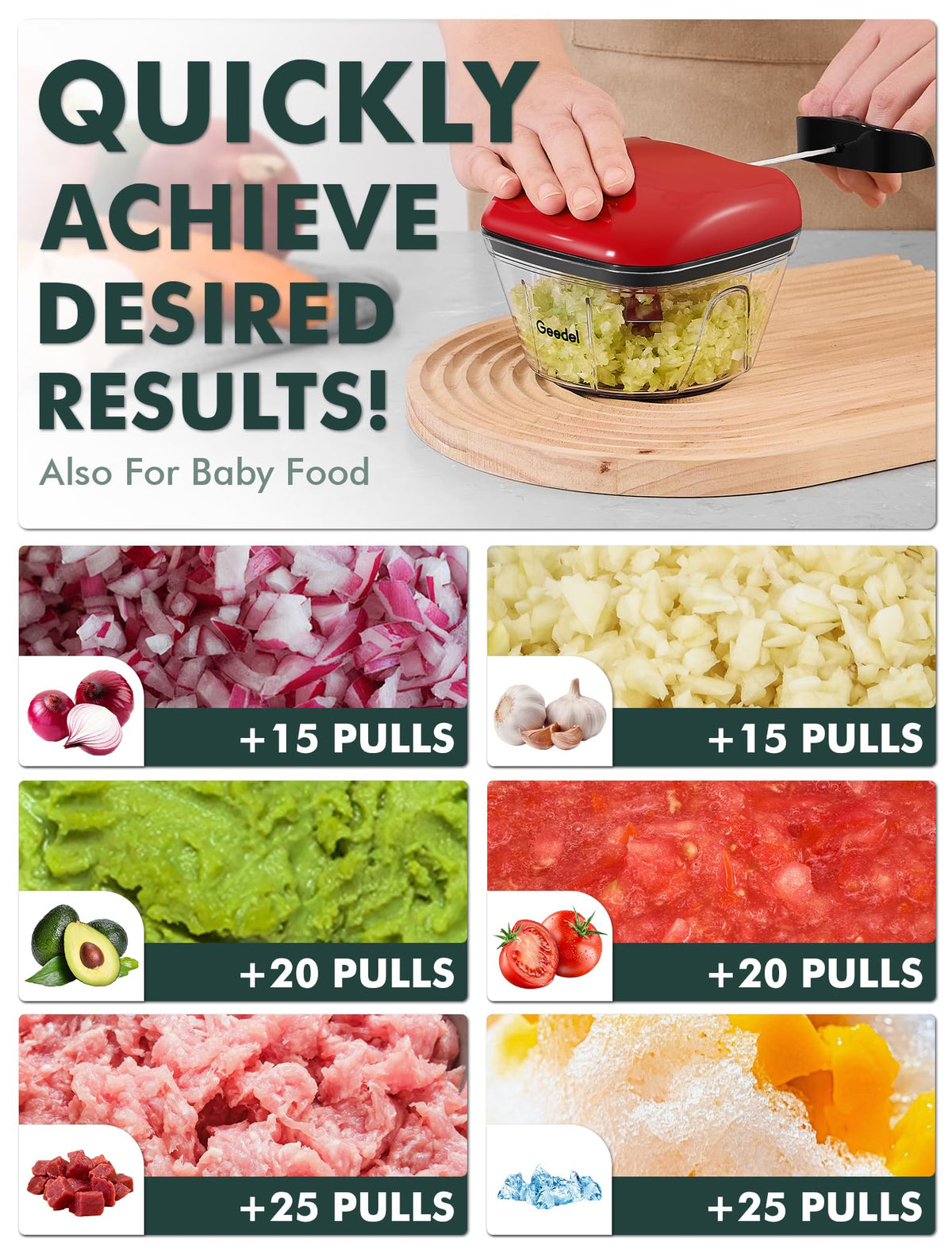 Geedel food chopper dispensing chopped ingredients for instant salad prep