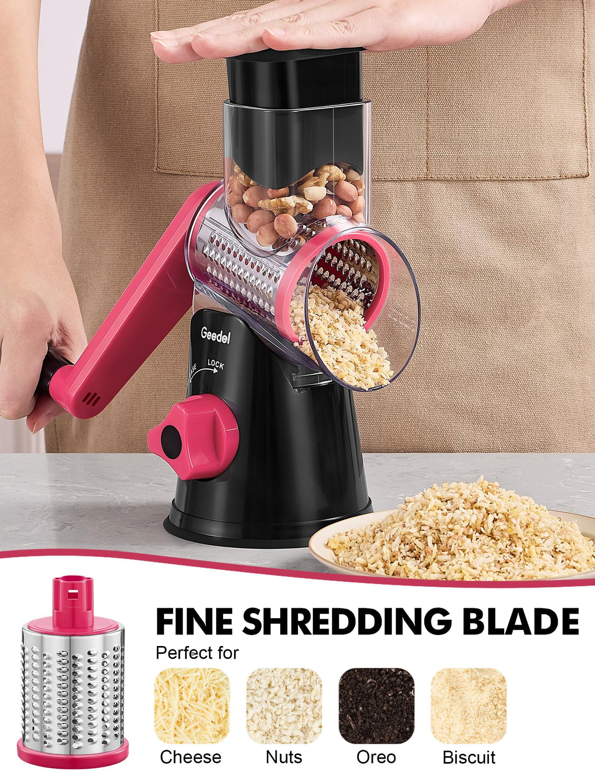Geedel uses food-grade ABS and stainless blades for safe food prep.