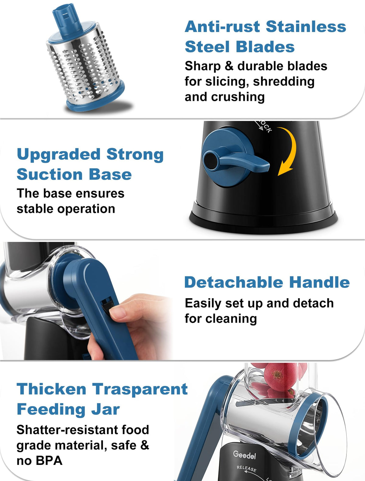 Geedel food-grade ABS body ensures safe food prep and BPA-free use.
