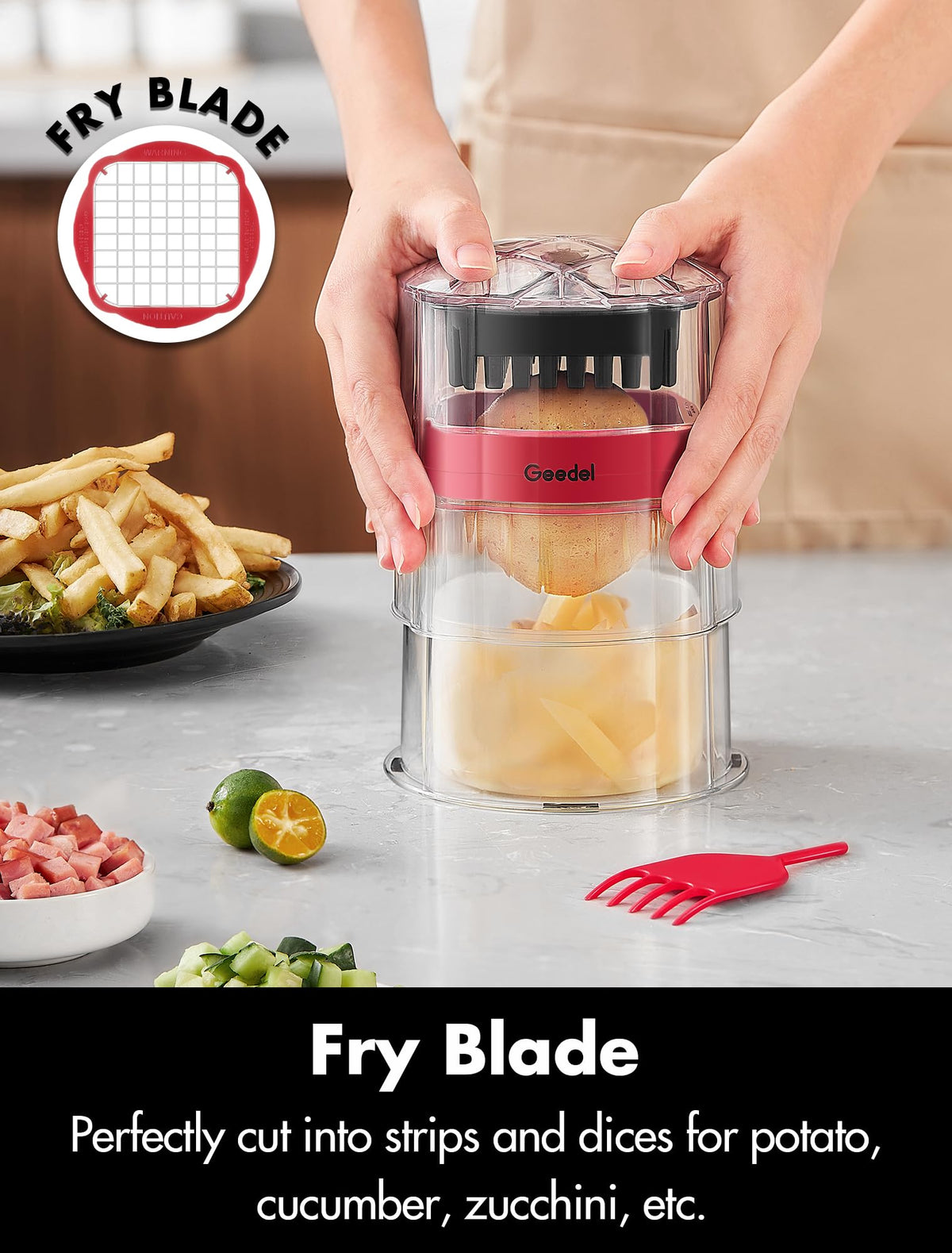 Geedel frying blade in action enabling fast fries and vegetables